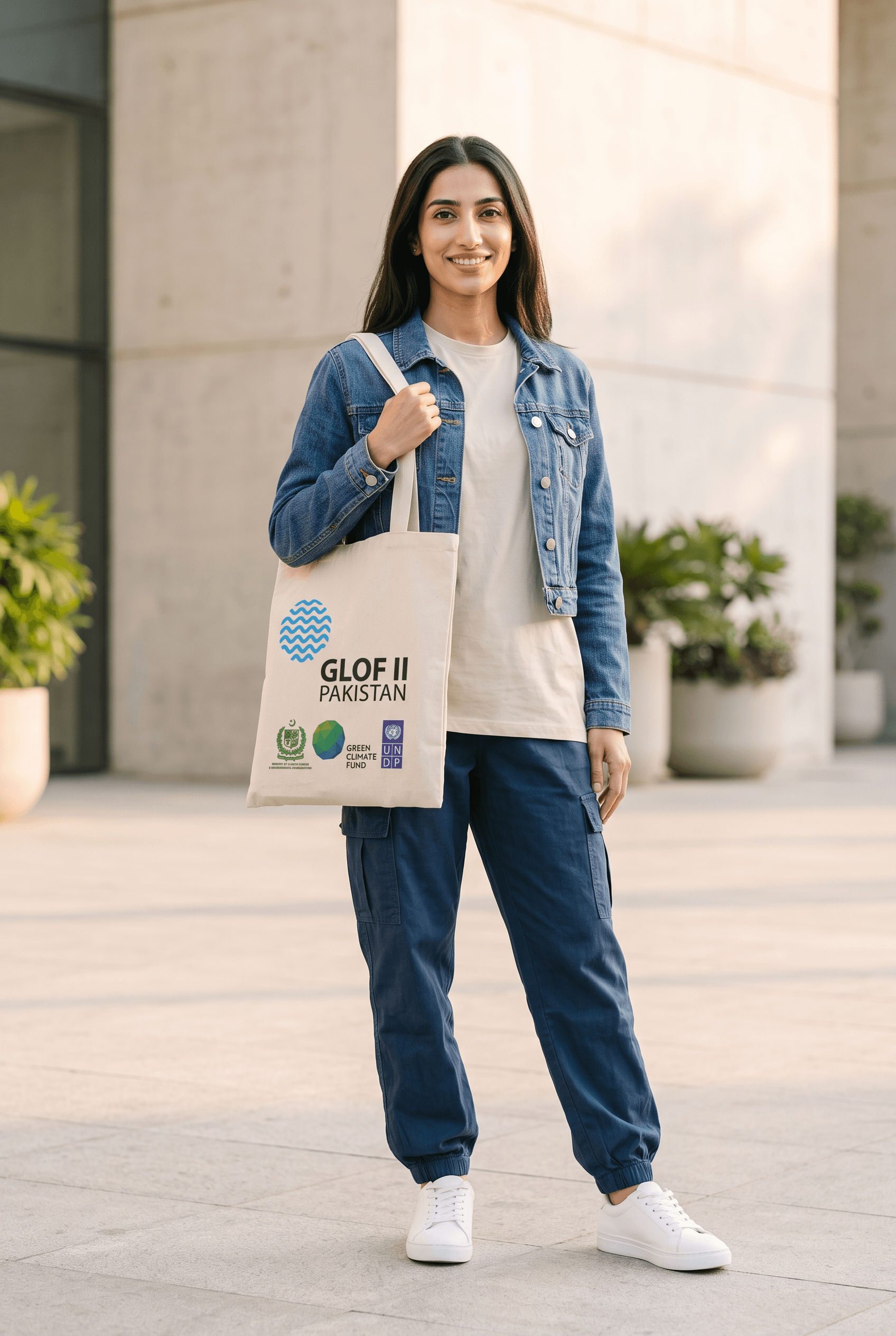 Model carrying a custom-branded canvas tote bag made by AR Cap & Hat Co.