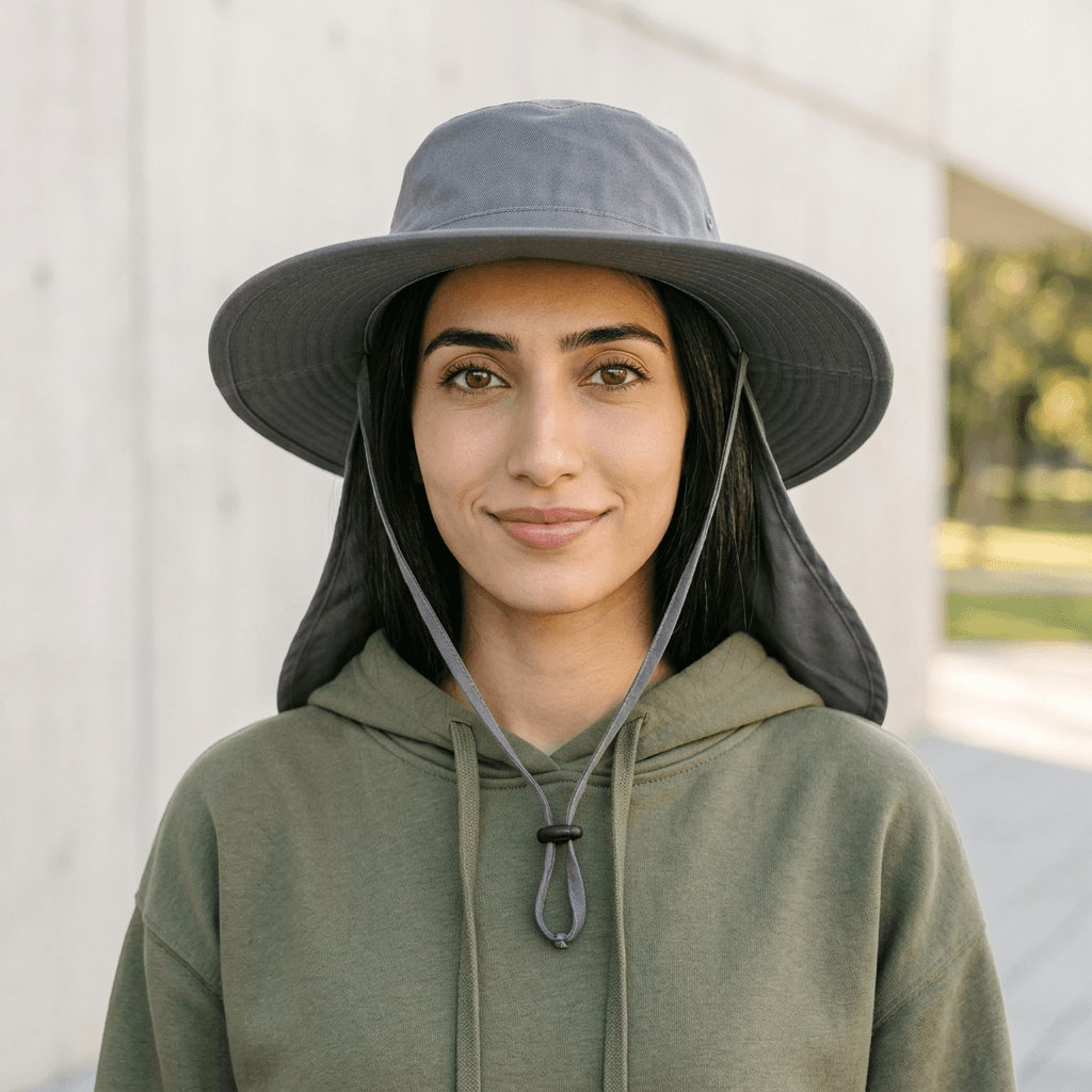 Model wearing a wide-brim safari hat