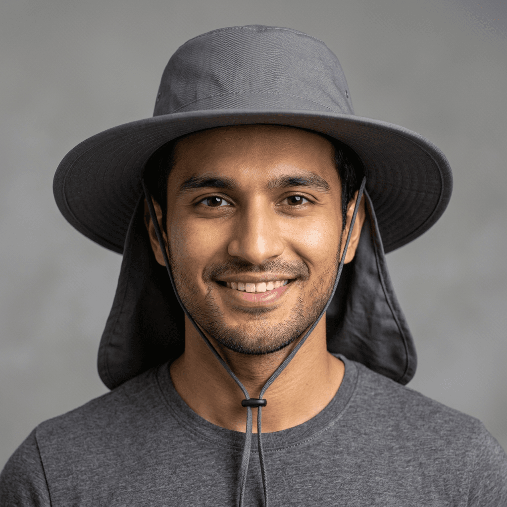 Grey wide-brim sun hat with neck flap