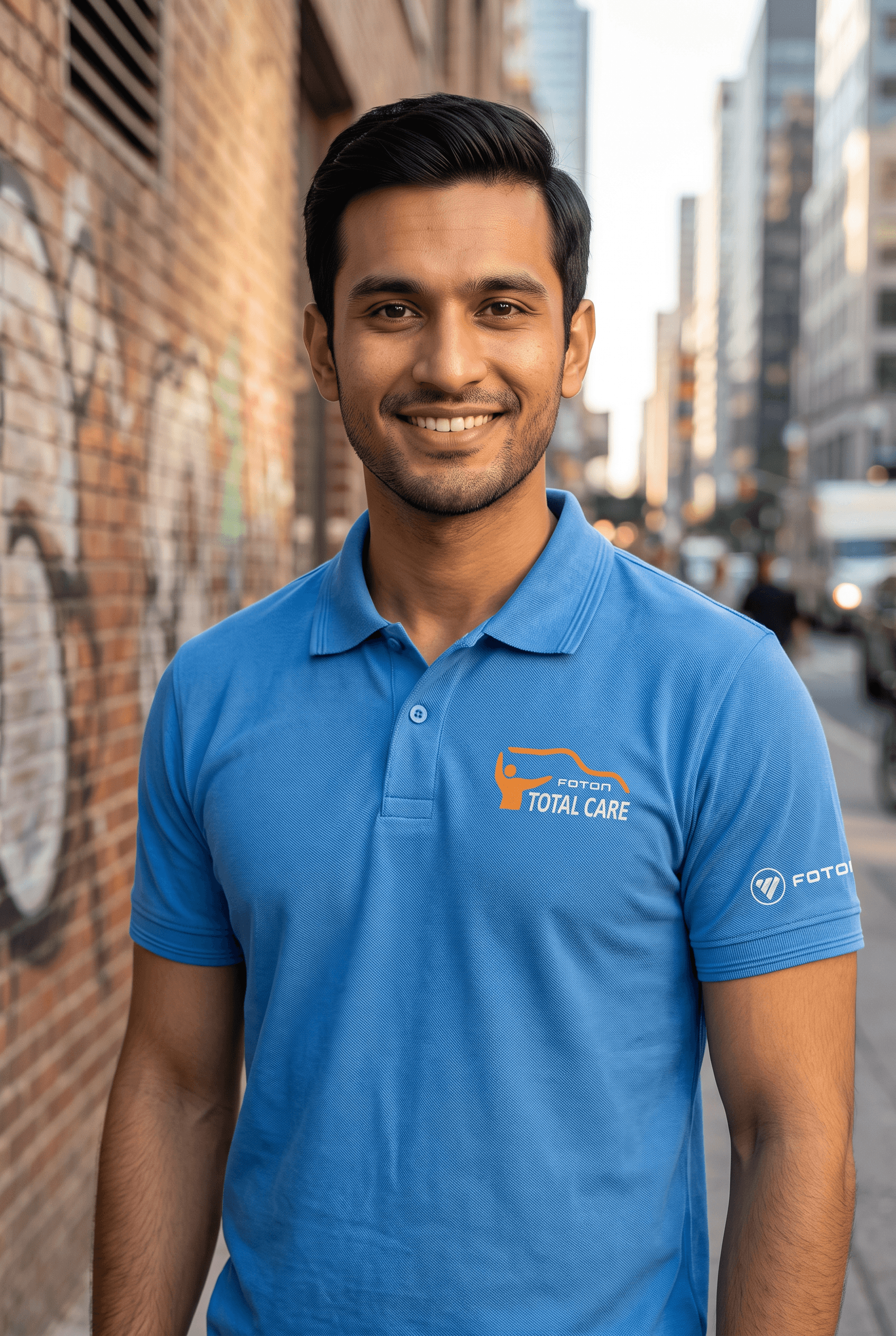 Model wearing a branded corporate polo shirt