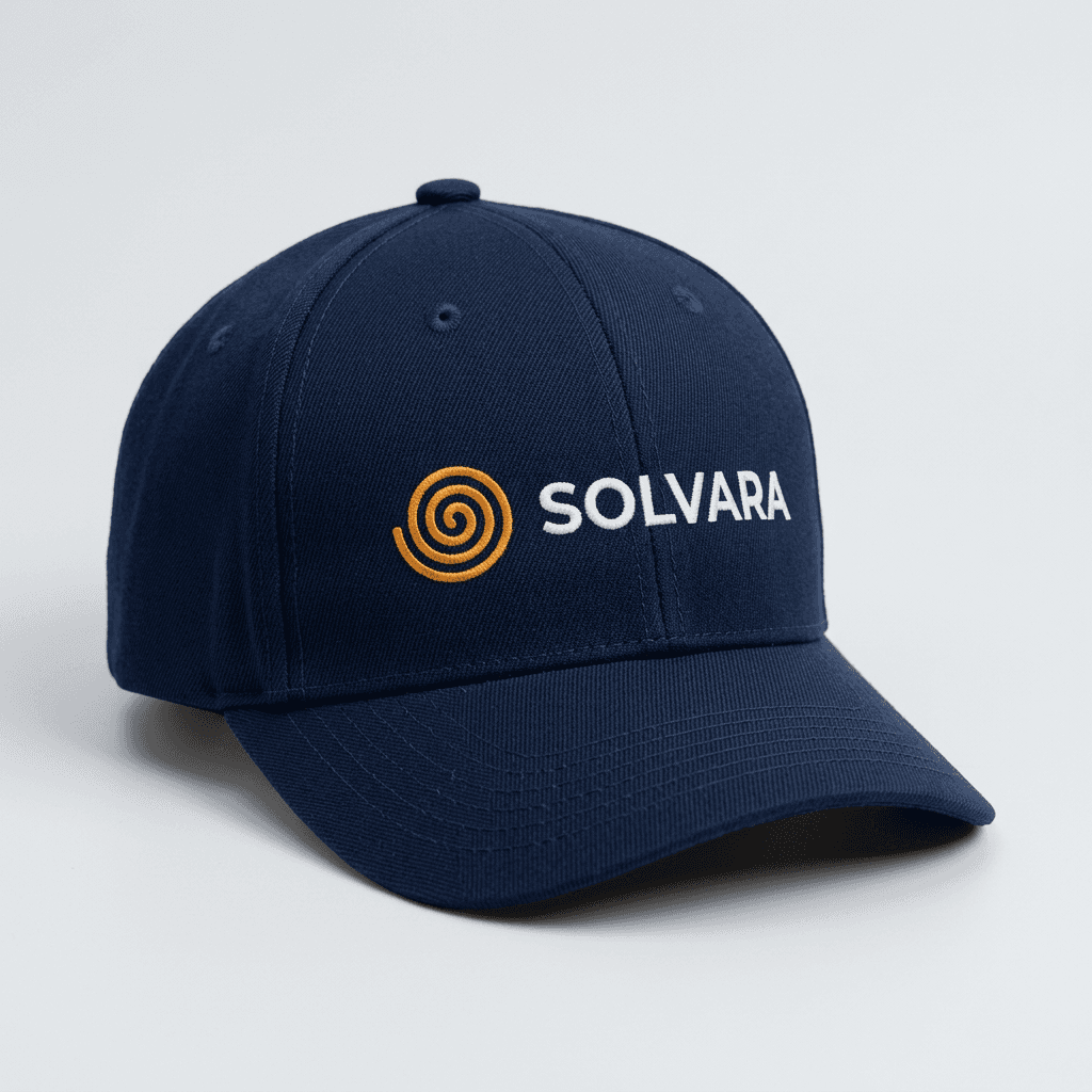 Navy cap with embroidered wordmark and spiral icon
