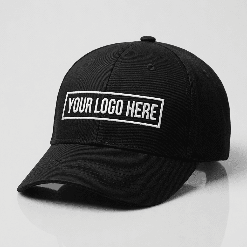 Black embroidered cap reading Your Logo Here